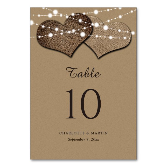 Kraft Paper Burlap Hearts Wedding Table Number (Front)