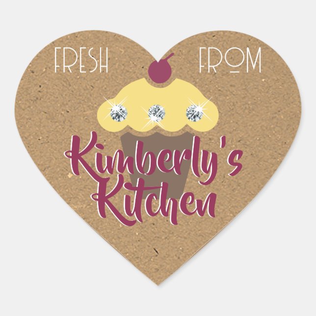 Kraft Paper Cute Brown Glitter Rhinestone Cupcake Heart Sticker (Front)