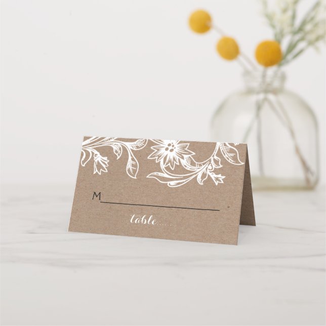 Kraft paper flourish white wedding folded escort place card (Front)