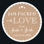 Kraft Paper Hearts Wedding Favour Jar Round Sticke Classic Round Sticker<br><div class="desc">The perfect finishing touch for a food wedding favour, this kraft paper and white label is a delightful mix of chic and rustic and would look great on a preserves jar tied with coordinating ribbon or string. Don't forget to personalise with your name, event date and even a custom saying....</div>