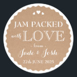 Kraft Paper Hearts Wedding Favour Jar Round Sticke Classic Round Sticker<br><div class="desc">The perfect finishing touch for a food wedding favour, this kraft paper and white label is a delightful mix of chic and rustic and would look great on a preserves jar tied with coordinating ribbon or string. Don't forget to personalise with your name, event date and even a custom saying....</div>