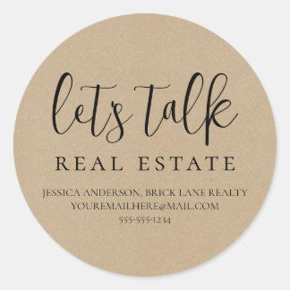 Kraft Paper Let's Talk Real Estate Contact Info Classic Round Sticker