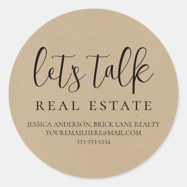 Kraft Paper Let's Talk Real Estate Contact Info  Classic Round Sticker (Front)
