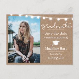 Kraft Paper Lights Script Graduate Save The Date Postcard