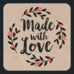 Kraft Paper Made with Love Christmas  Square Sticker<br><div class="desc">A personalised "made with love" sticker on a kraft coloured background. Features a pretty berry wreath and the words "made with love" in an elegant script font.  A pretty finishing touch for all of your handmade gifts. Designed for you by Blackberry Boulevard.</div>