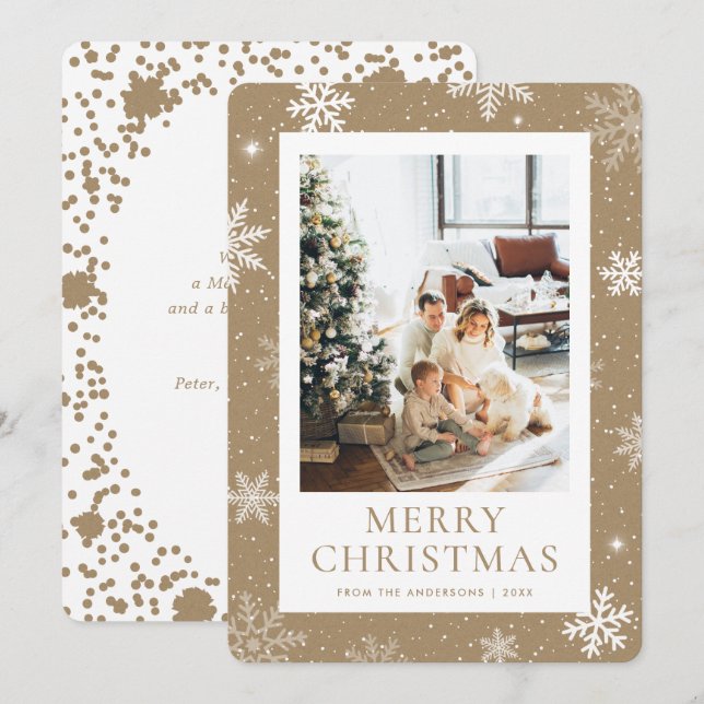 Kraft Paper Merry Christmas Snowflake Snow Photo Holiday Card (Front/Back)