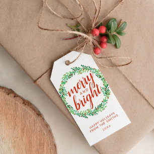 Kraft Paper Red Berry Wreath Merry & Bright Gift Tags