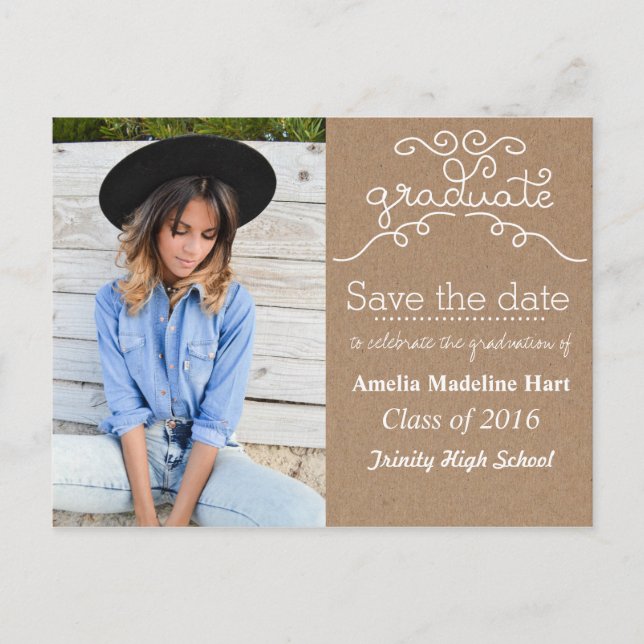 Kraft Paper Script Graduate | Save The Date Photo Announcement Postcard (Front)