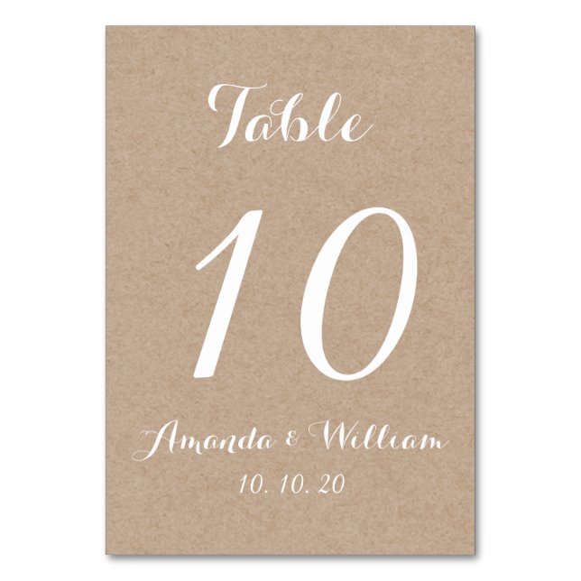 Kraft Paper Script Wedding Table Number Card (Front)