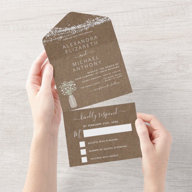 Kraft Paper String Lights Baby's Breath Wedding All In One Invitation (Tearaway)