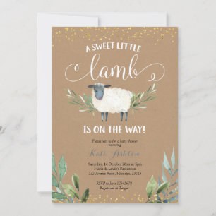 Kraft Paper Sweet Little Lamb Greenery Baby Shower Invitation