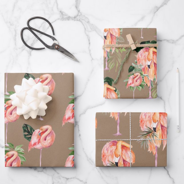 Kraft Paper Watercolor Pink Flamingos Mum & Baby (Front)