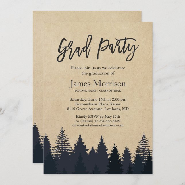 Kraft Pine Tree Forest Graduate Graduation Party Invitation (Front/Back)