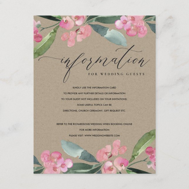 KRAFT PINK CHRIST THORN BLOOM WEDDING INFORMATION ENCLOSURE CARD (Front)
