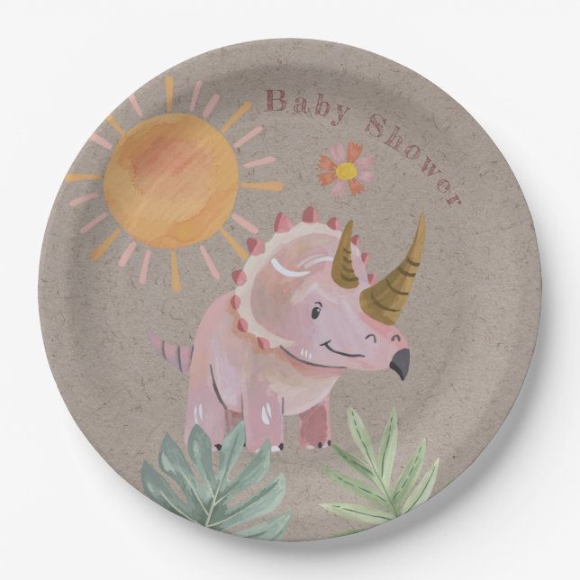 Kraft Pink Triceratops Dinisaur Girl Baby Shower Paper Plate (Front)