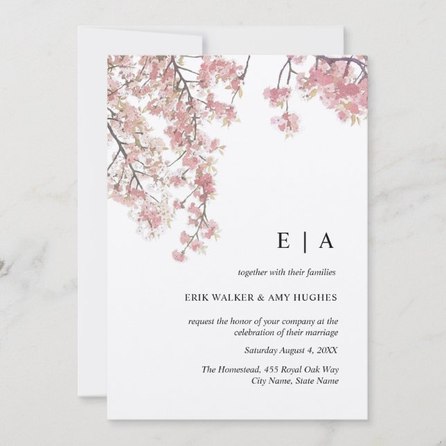 Kraft Pink watercolor Cherry Blossom Wedding Invitation (Front)