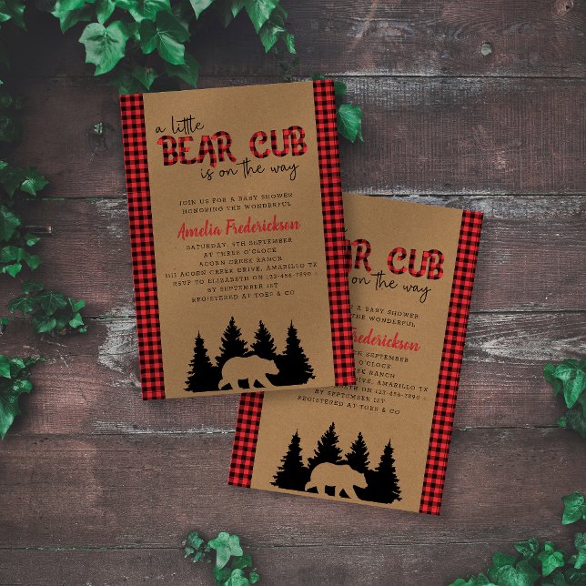 Kraft Plaid Little Bear Cub Baby Shower Invitation (Creator Uploaded)