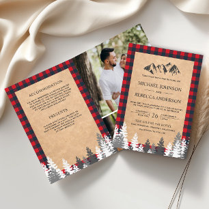 Kraft Red Buffalo Plaid Mountain QR Code Wedding Invitation