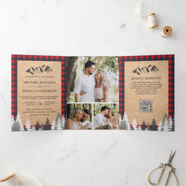 Kraft Red Buffalo Plaid Mountain QR Code Wedding Tri-Fold Invitation (Inside)