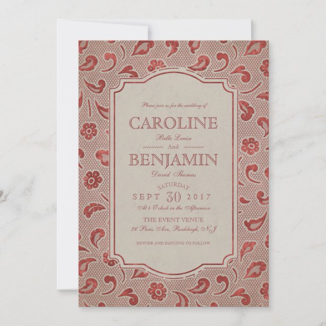 Kraft red Lace elegant rustic country wedding Invitation (Front)