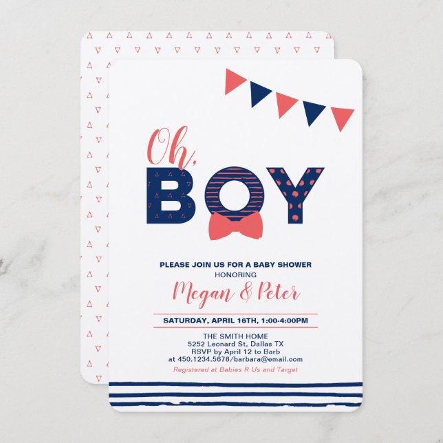 Kraft, Red & Navy | Modern "Oh Boy" Baby Shower Invitation (Front/Back)