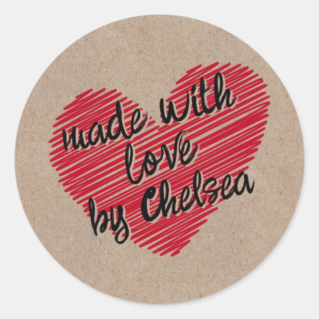 Kraft Red Sketchy Heart "Made with Love" Sticker (Front)