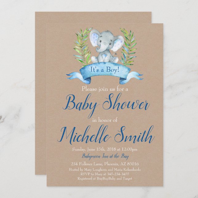 Kraft Rustic Boy Elephant Safari Boho Baby Shower Invitation (Front/Back)