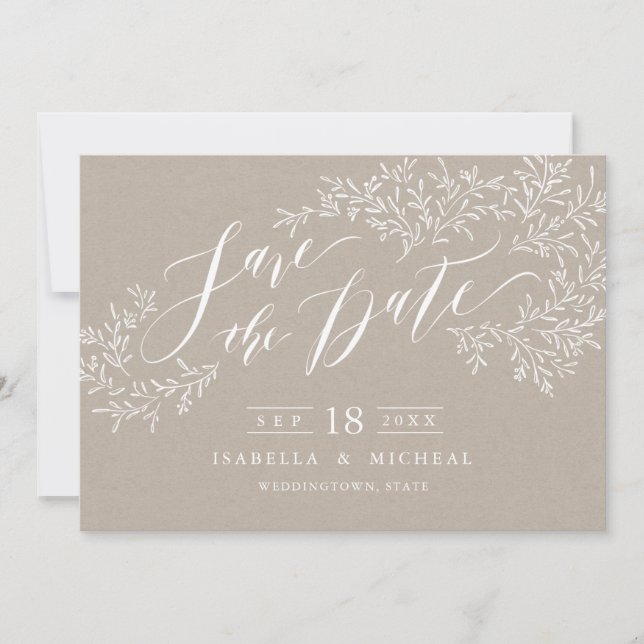 Kraft rustic floral calligraphy save the date (Front)