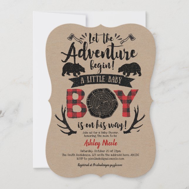 Kraft, Rustic, Lumberjack, Buffalo Plaid, Baby Boy Invitation (Front)