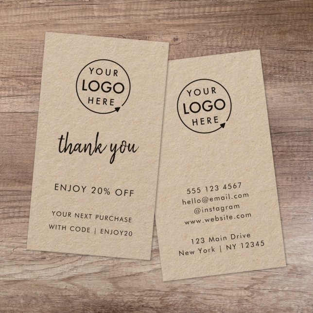 Kraft Rustic | Thank You Business Logo Modern Discount Card (Rustic Kraft company branded professional discount cards for small business promotions.)
