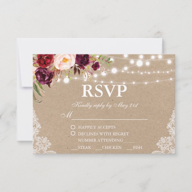 Kraft Rustic Wedding Lace Floral RSVP w/Meal (Front)