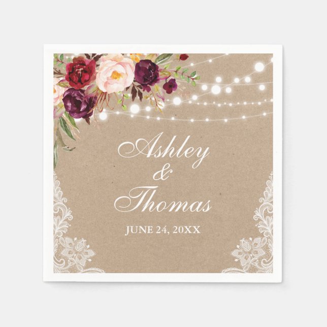 Kraft Rustic Wedding Lights Floral Lace Napkin (Front)
