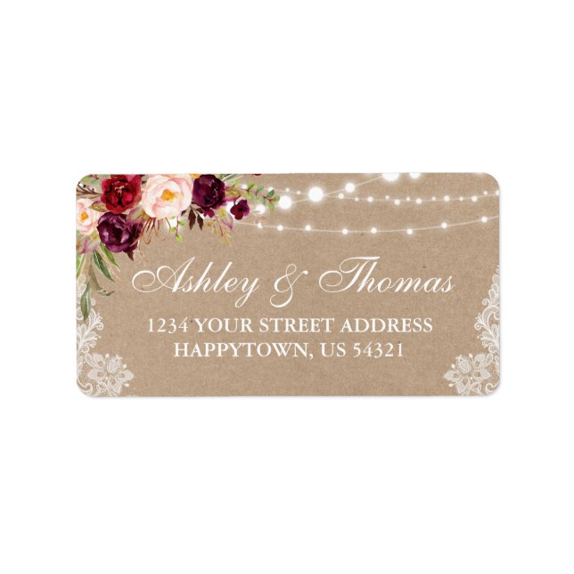 Kraft Rustic Wedding Lights Lace Floral Address Label (Front)