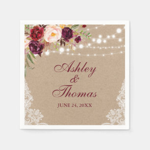 Kraft Rustic Wedding Lights Lace Floral Napkin