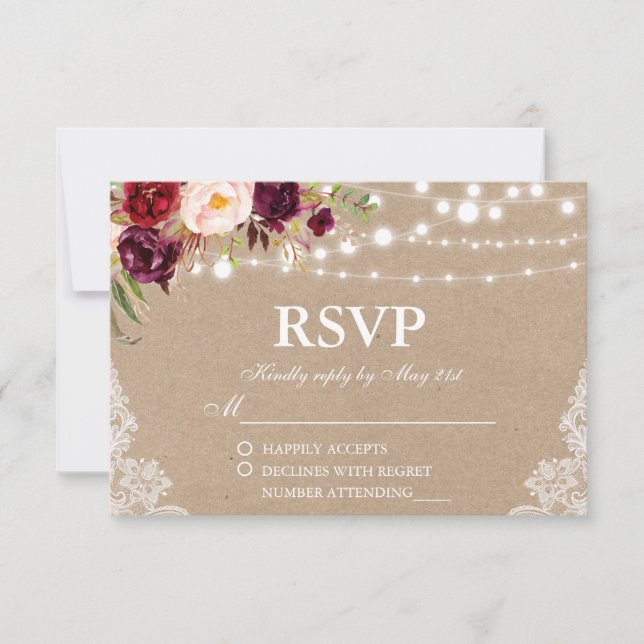 Kraft Rustic Wedding Lights Lace Floral RSVP (Front)