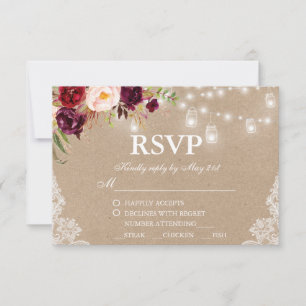 Kraft Rustic Wedding Lights Lace Jars Floral RSVP Card