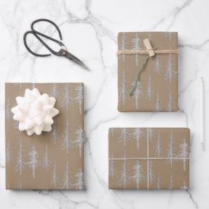 Kraft Silver Woodland Scraggly Sparse Spruce Trees Wrapping Paper Sheet