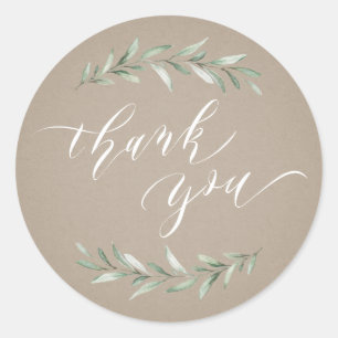 Kraft Simple calligraphy rustic greenery thank you Classic Round Sticker