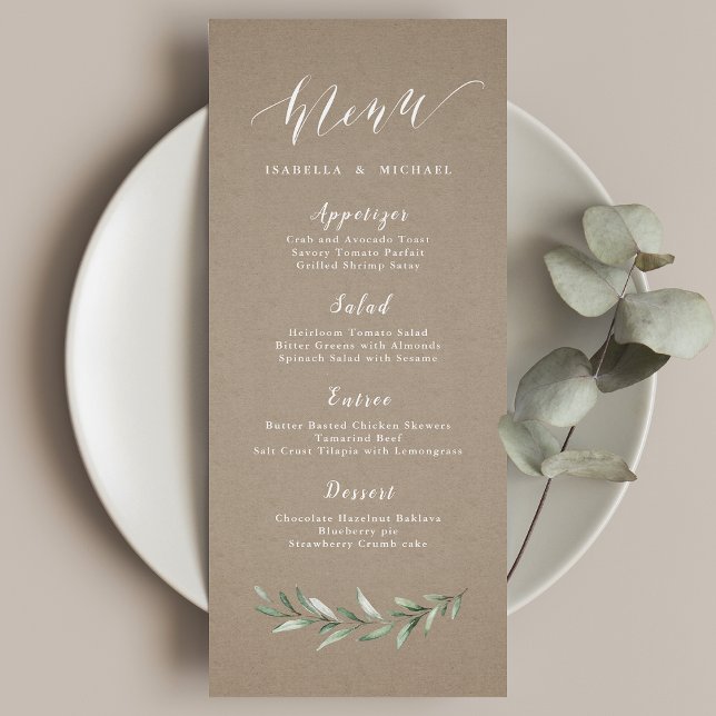Kraft Simple calligraphy rustic greenery wedding Menu (Kraft Simple calligraphy rustic greenery wedding Menu)