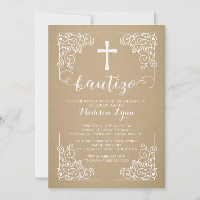 Kraft Spanish Baptism Christening Cross Invitation (Front)