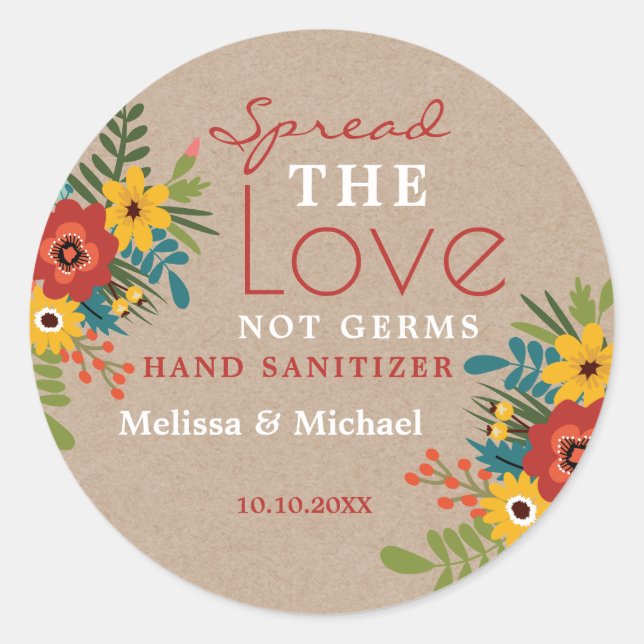 Kraft Spread Love Hand Sanitizer Floral Wedding Classic Round Sticker (Front)