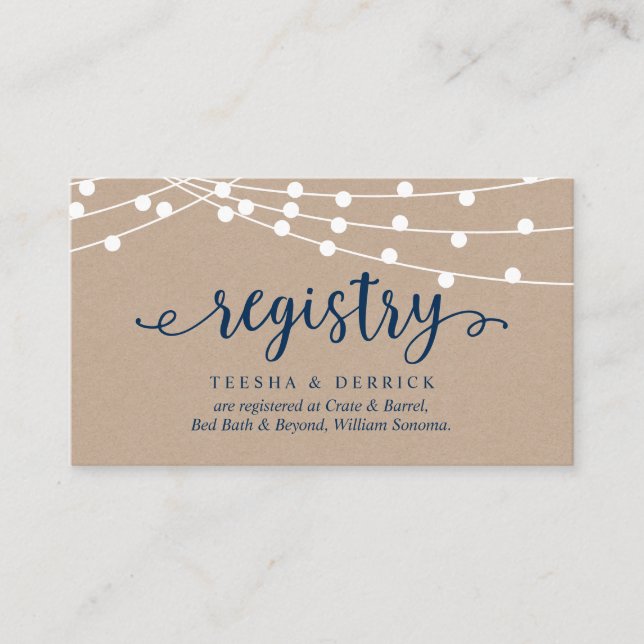 Kraft string lights, Navy Blue, Wedding Registry Enclosure Card (Front)