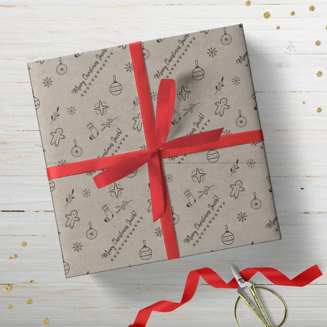 Kraft-Styled Christmas Doodles Monochrome Wrapping Paper (Creator Uploaded)