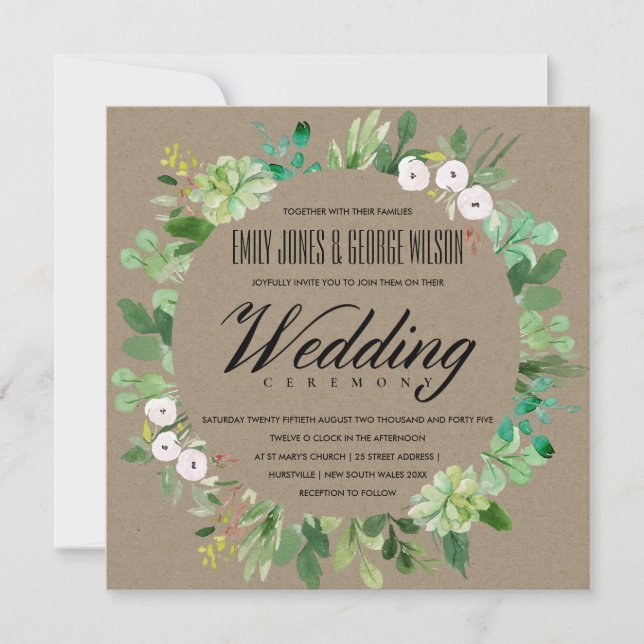 KRAFT SUCCULENT WREATH FOLIAGE WATERCOLOR WEDDING INVITATION (Front)