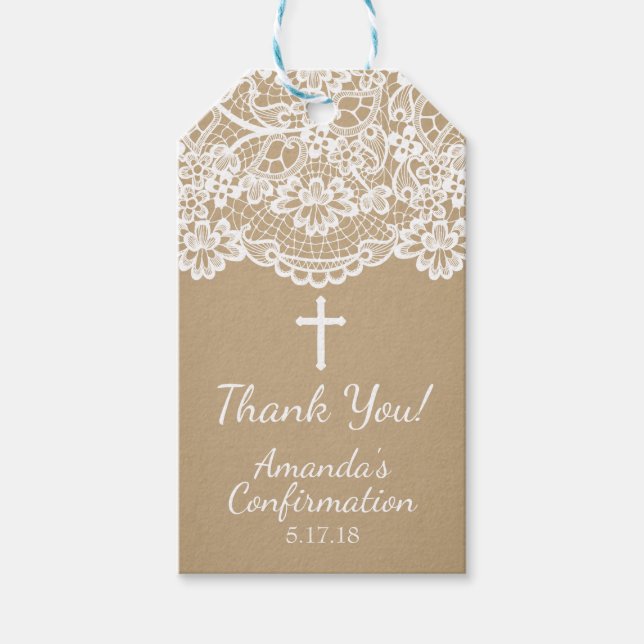 Kraft Vintage Lace Confirmation Gift Tag (Front)