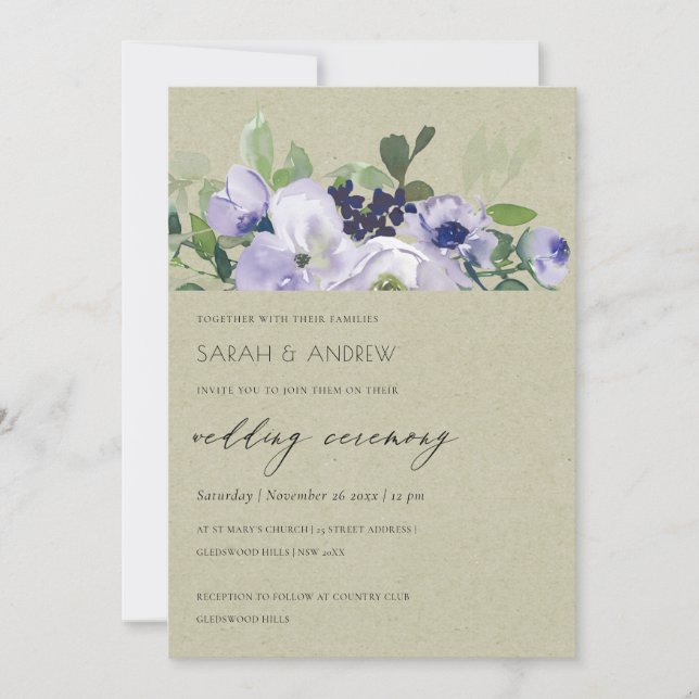 Kraft Violet Purple Floral Leafy Wedding Invite (Front)