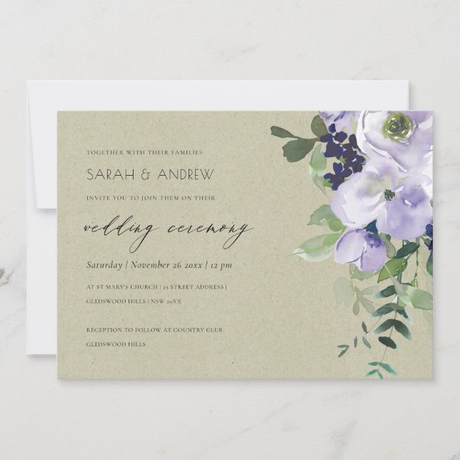 Kraft Violet Purple Floral Leafy Wedding Invite (Front)