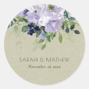 Kraft Violet Purple Navy Floral Leafy Wedding Classic Round Sticker