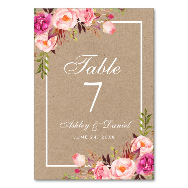 Kraft Watercolor Floral Pink Blush Wedding Table Number (Front)