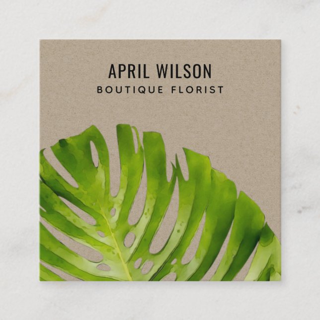 KRAFT WATERCOLOR GREEN MONSTERA LEAF FOLIAGE SQUARE BUSINESS CARD (Front)